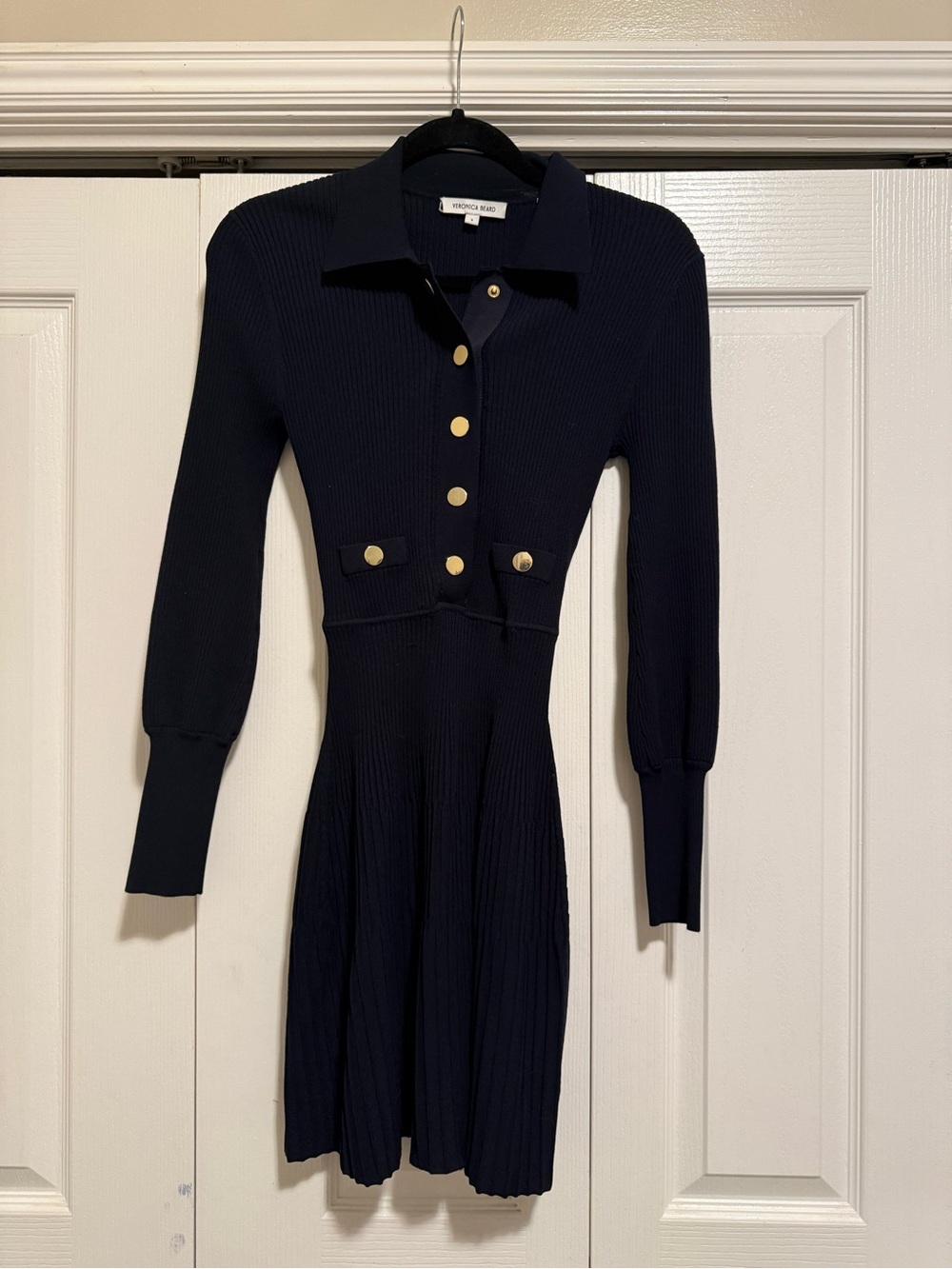 Veronica Beard Navy Ribbed Knit Long-Sleeve Dress with Gold Buttons